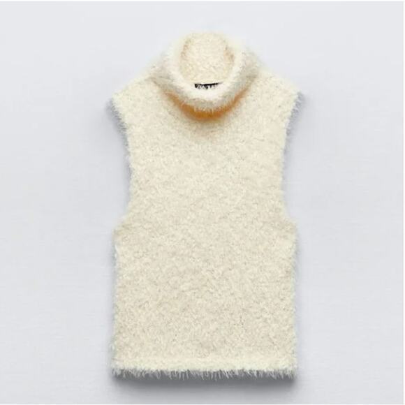 Zara Sweaters - Zara Fuzzy Chenille Sleeveless Sweater Top Turtleneck Ivory L